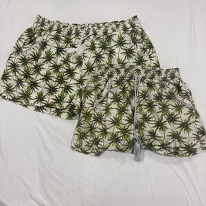 Matching Tropical Palm Tree Printed Linen Blend Shorts for Couples White & Green